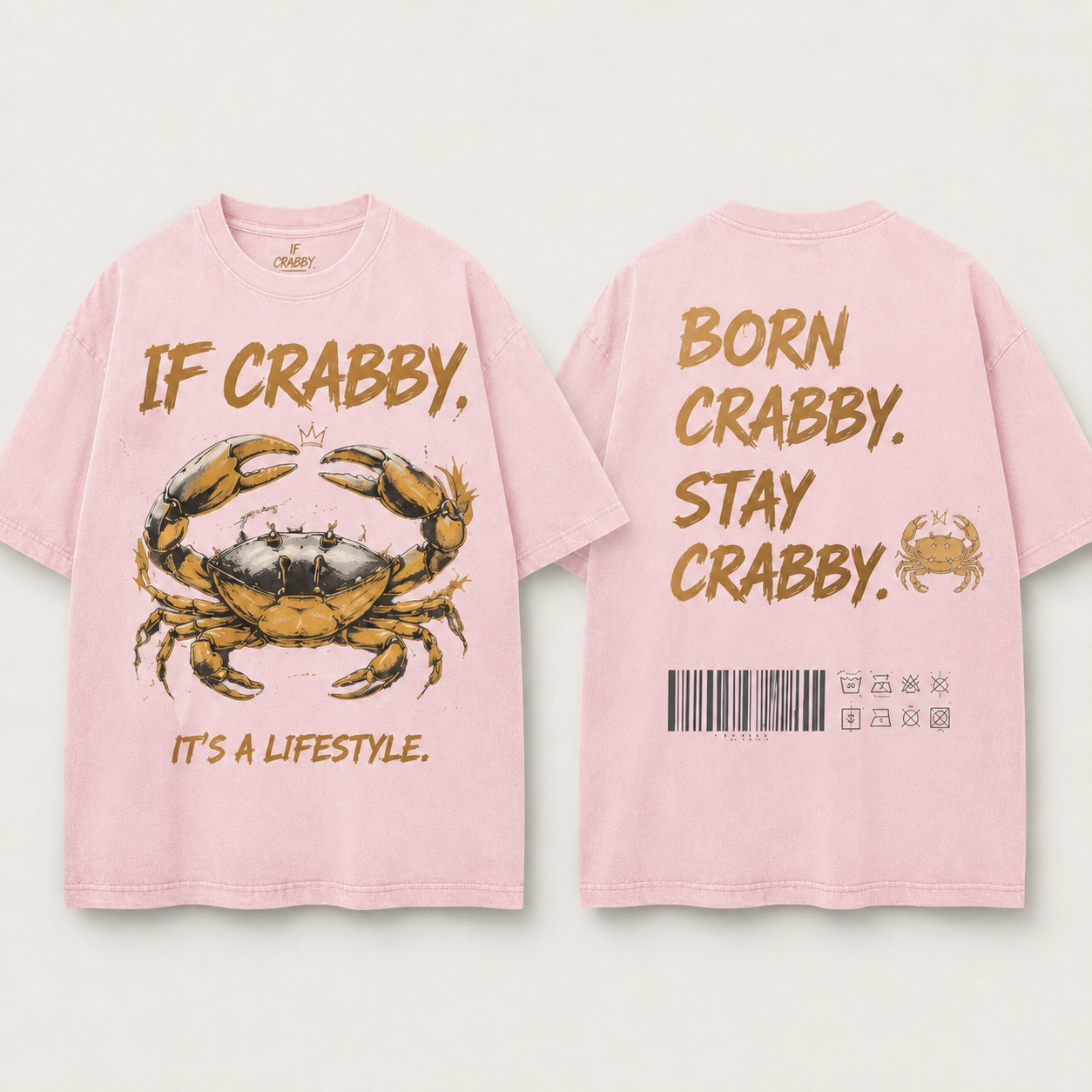 (M6T) Born Crabby Stay Crabby Vintage Tee - Edgy Streetwear T-Shirt - Double-Sided Acid Wash Graphic