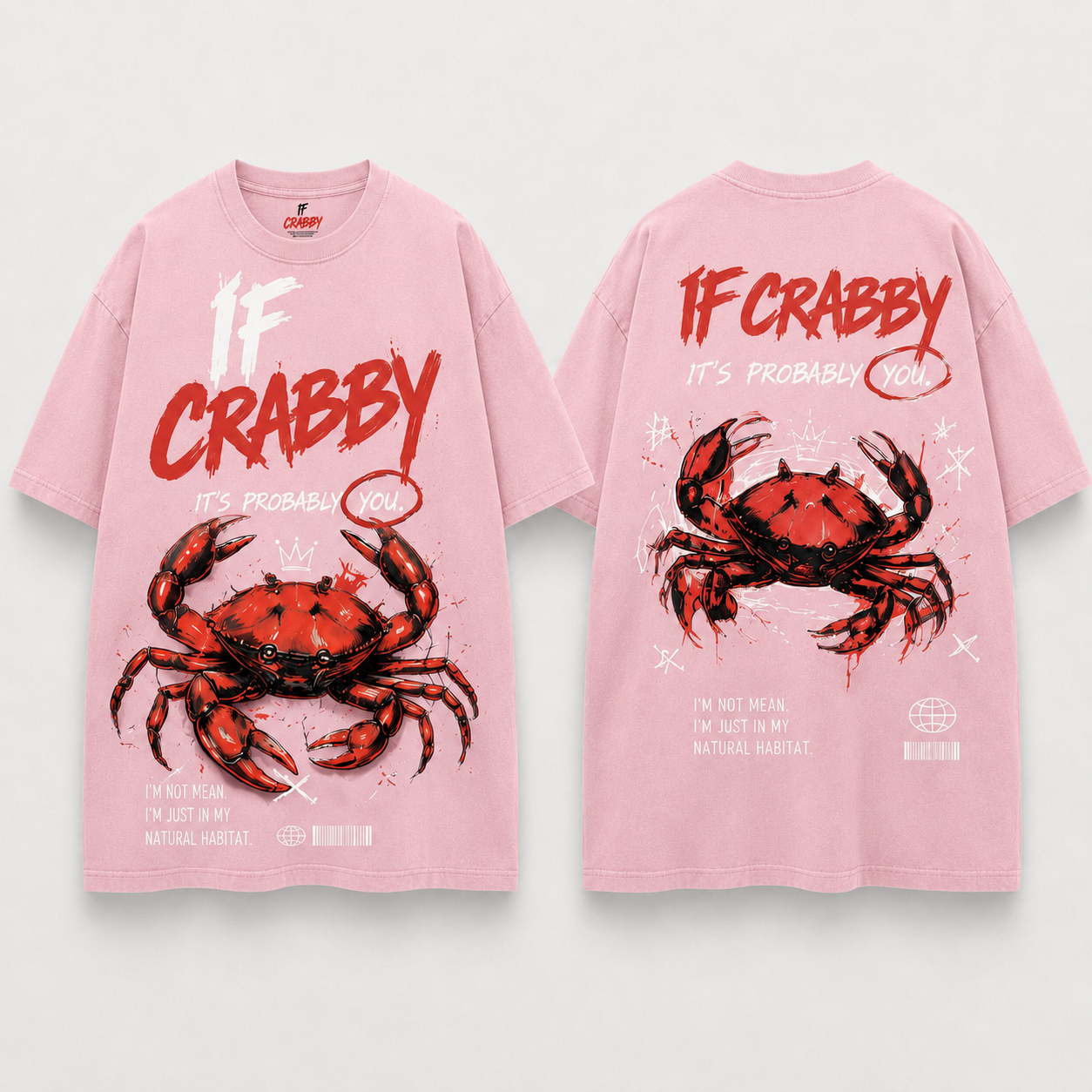 (M1T)The Crabby Attitude Vintage Wash Tee - Edgy Crab Double-Sided Graphic
