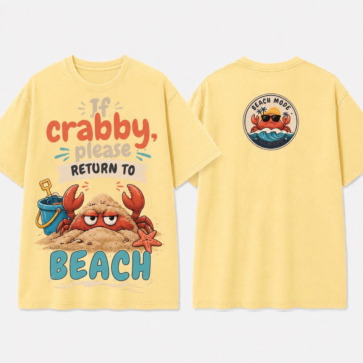 (M10T)If Crabby Please Return To The Beach T-Shirt - Vintage Acid Wash Graphic Tee - Funny Summer Vacation Shirt - Double Sided Print Unisex Top