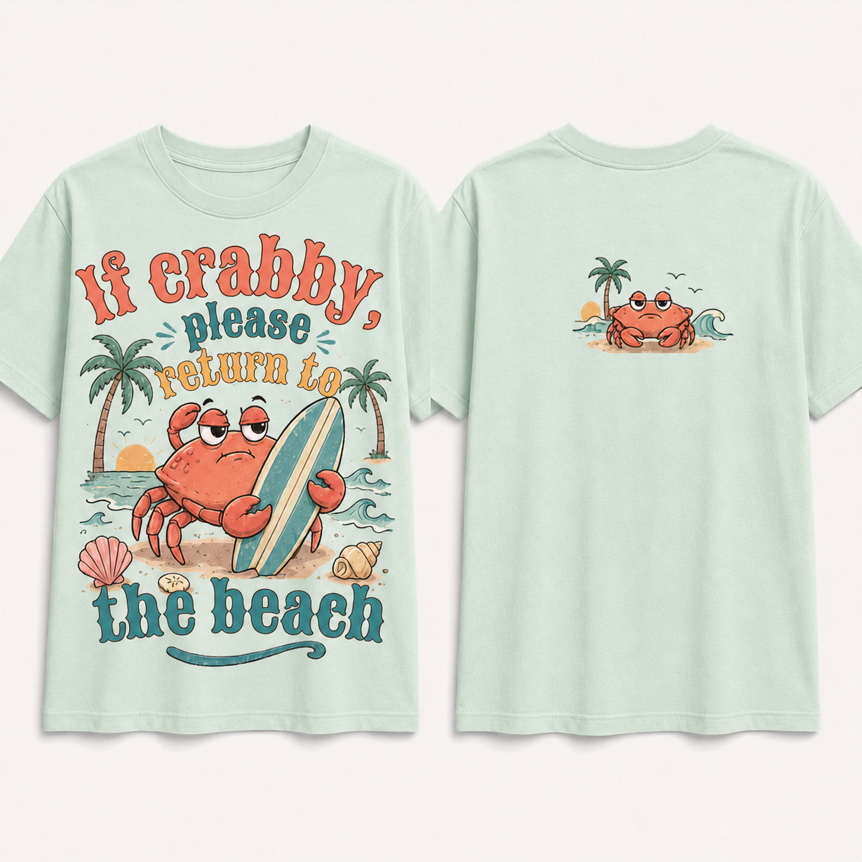 (M9T)If Crabby Please Return To The Beach T-Shirt - Funny Surf Crab Graphic Tee - Retro Summer Vacation Shirt - Unisex Oversized Top