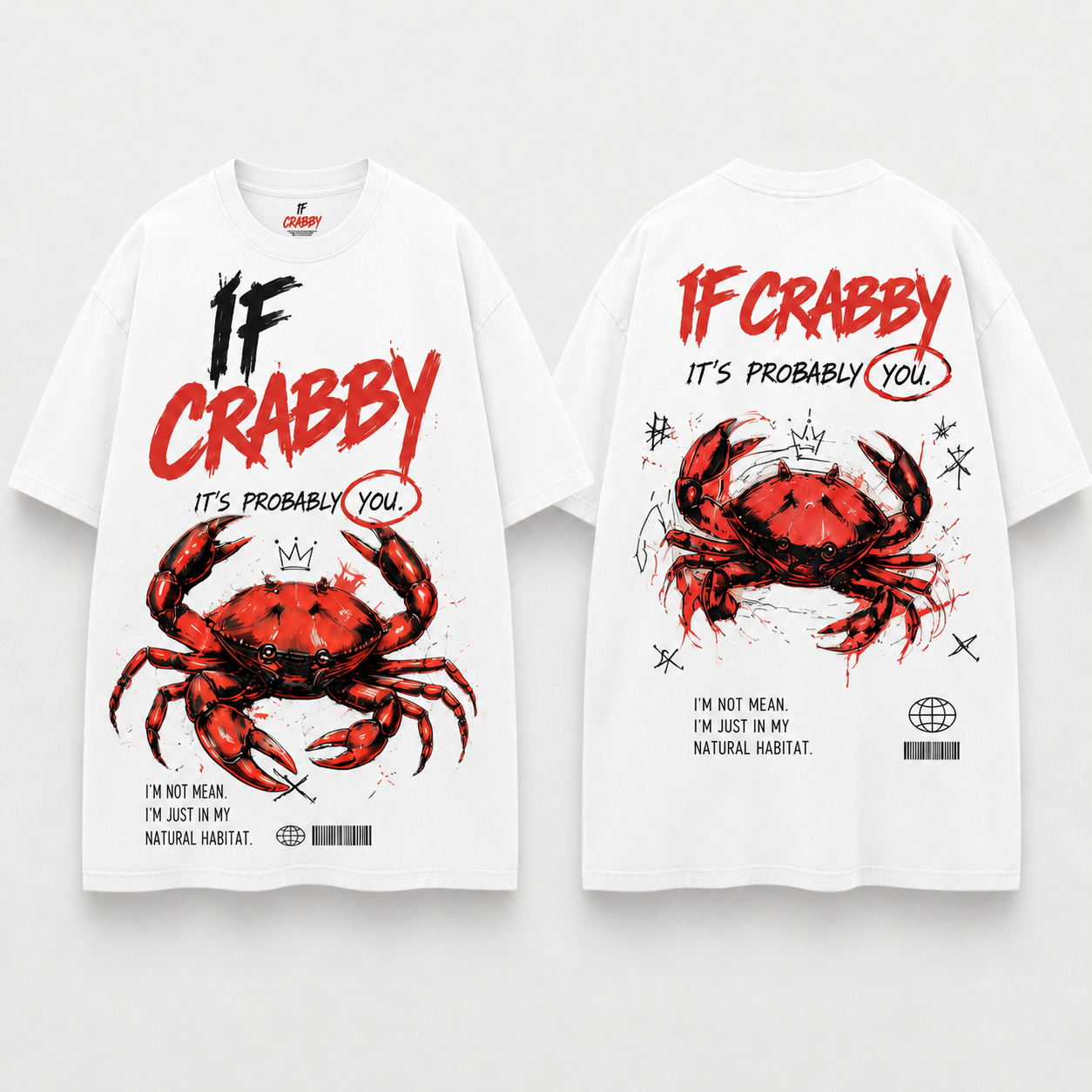 (M1T)The Crabby Attitude Vintage Wash Tee - Edgy Crab Double-Sided Graphic