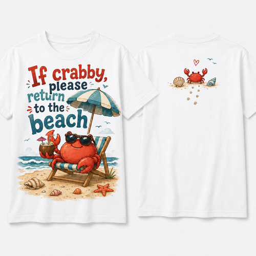 (M8T) Wholesome Beach Crab T-Shirt - Cute Double-Sided Summer Graphic - "Return To Beach" Tee