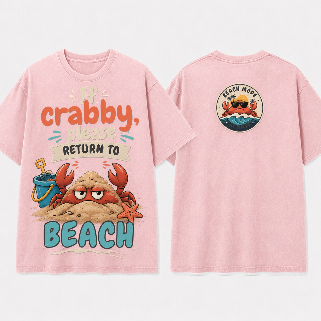 (M10T)If Crabby Please Return To The Beach T-Shirt - Vintage Acid Wash Graphic Tee - Funny Summer Vacation Shirt - Double Sided Print Unisex Top