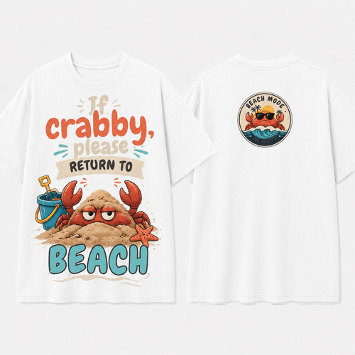 (M10T)If Crabby Please Return To The Beach T-Shirt - Vintage Acid Wash Graphic Tee - Funny Summer Vacation Shirt - Double Sided Print Unisex Top
