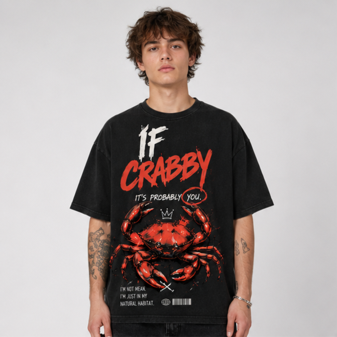 (M1T)The Crabby Attitude Vintage Wash Tee - Edgy Crab Double-Sided Graphic