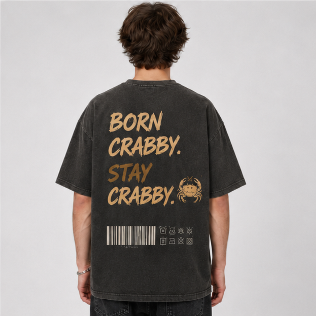 (M6T) Born Crabby Stay Crabby Vintage Tee - Edgy Streetwear T-Shirt - Double-Sided Acid Wash Graphic