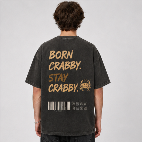 (M6T) Born Crabby Stay Crabby Vintage Tee - Edgy Streetwear T-Shirt - Double-Sided Acid Wash Graphic