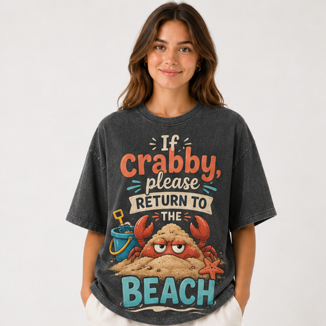 (M10T)If Crabby Please Return To The Beach T-Shirt - Vintage Acid Wash Graphic Tee - Funny Summer Vacation Shirt - Double Sided Print Unisex Top