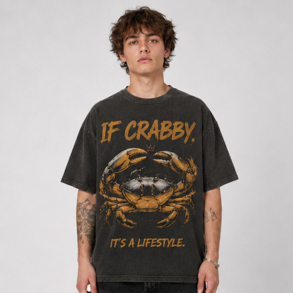 (M6T) Born Crabby Stay Crabby Vintage Tee - Edgy Streetwear T-Shirt - Double-Sided Acid Wash Graphic