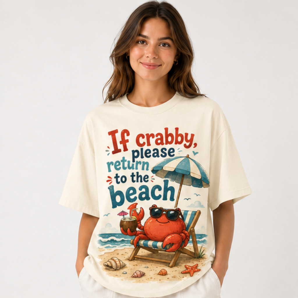 (M8T) Wholesome Beach Crab T-Shirt - Cute Double-Sided Summer Graphic - "Return To Beach" Tee