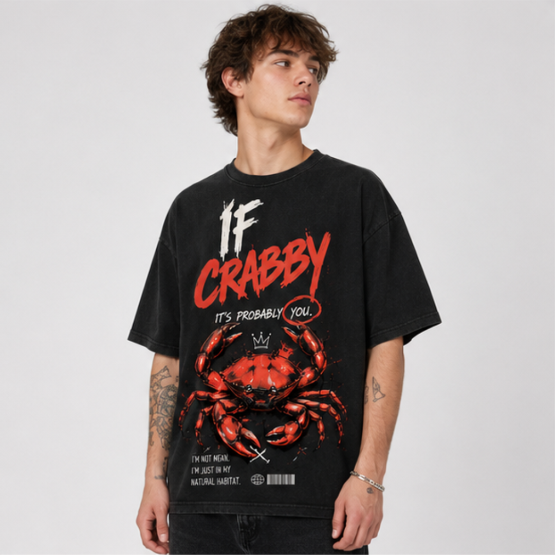 (M1T)The Crabby Attitude Vintage Wash Tee - Edgy Crab Double-Sided Graphic
