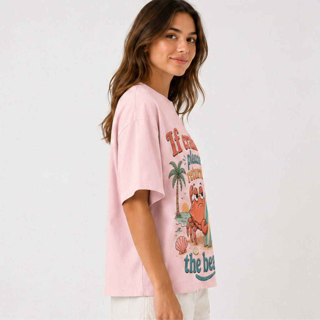 (M9T)If Crabby Please Return To The Beach T-Shirt - Funny Surf Crab Graphic Tee - Retro Summer Vacation Shirt - Unisex Oversized Top