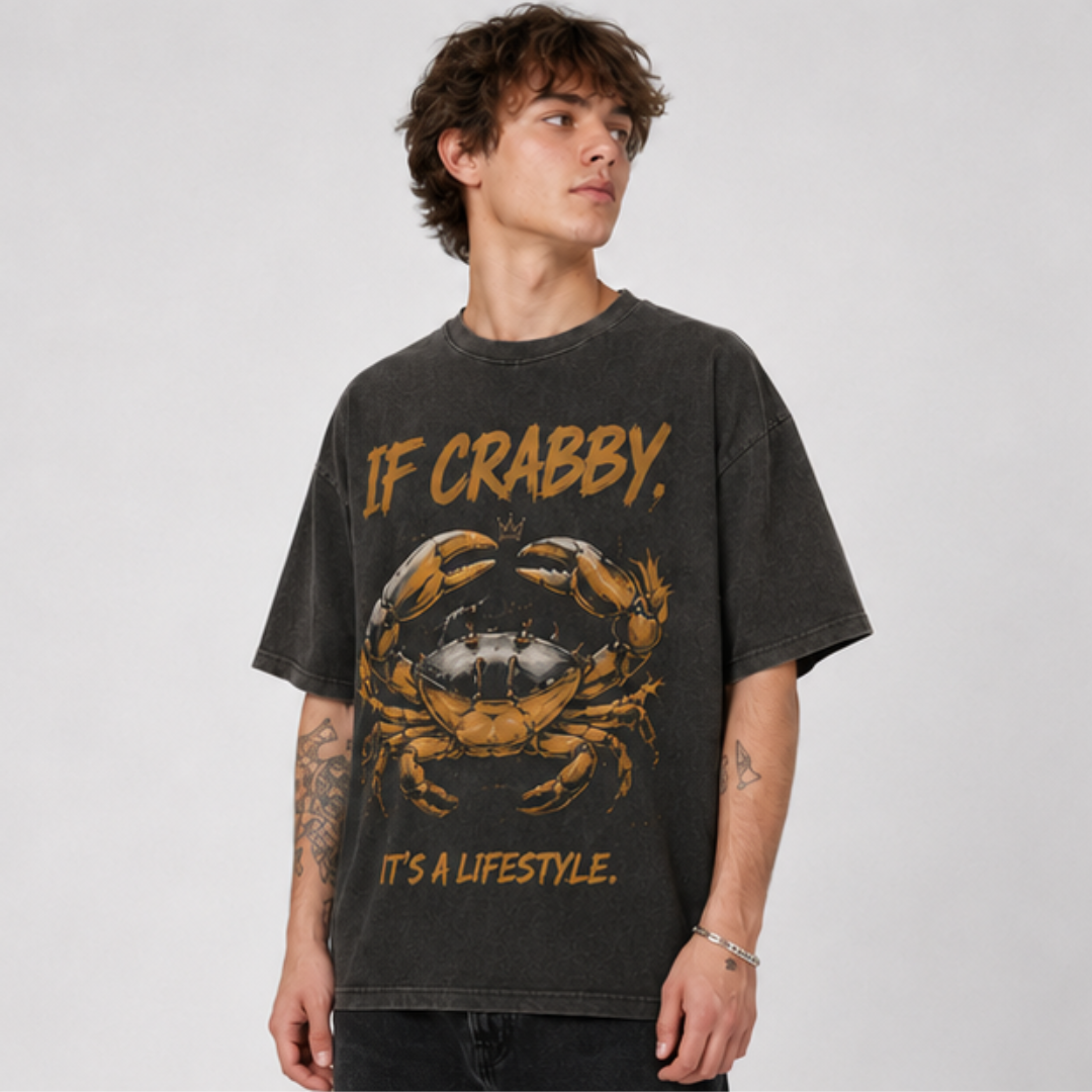 (M6T) Born Crabby Stay Crabby Vintage Tee - Edgy Streetwear T-Shirt - Double-Sided Acid Wash Graphic