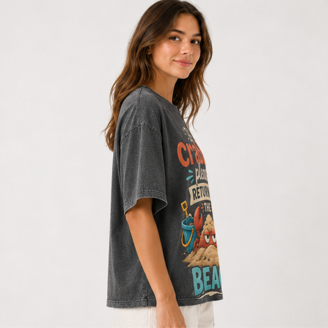 (M10T)If Crabby Please Return To The Beach T-Shirt - Vintage Acid Wash Graphic Tee - Funny Summer Vacation Shirt - Double Sided Print Unisex Top