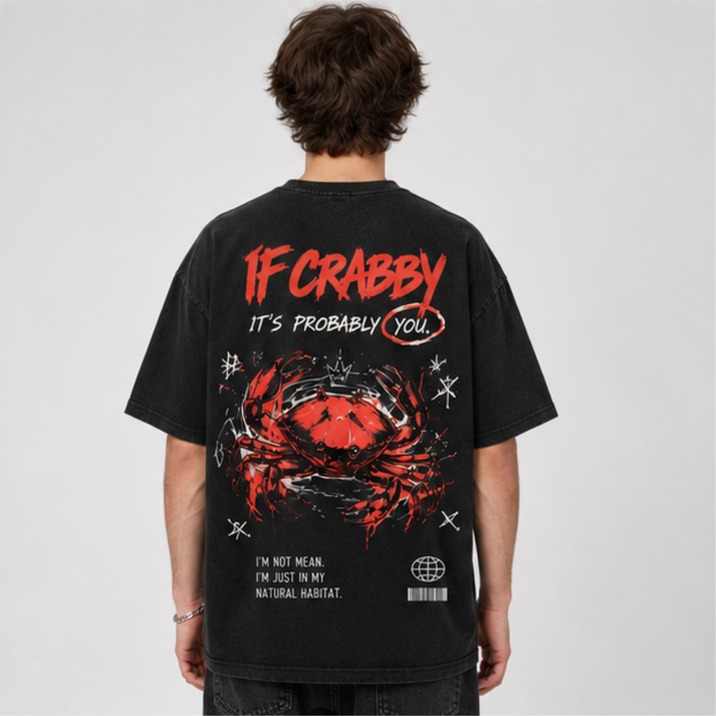 (M1T)The Crabby Attitude Vintage Wash Tee - Edgy Crab Double-Sided Graphic