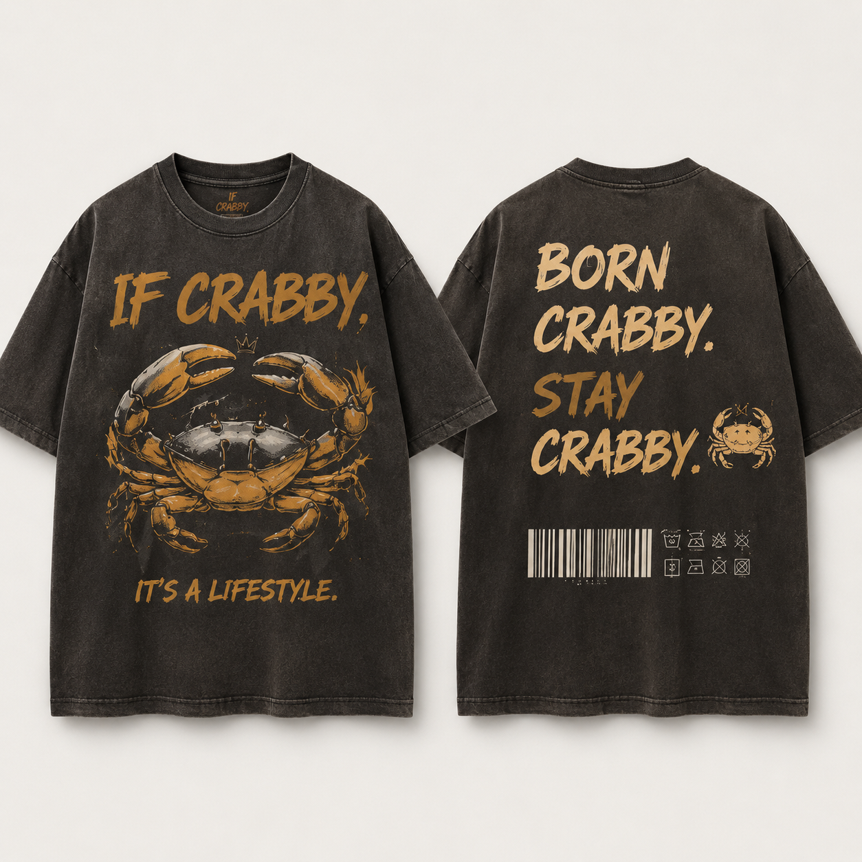 (M6T) Born Crabby Stay Crabby Vintage Tee - Edgy Streetwear T-Shirt - Double-Sided Acid Wash Graphic