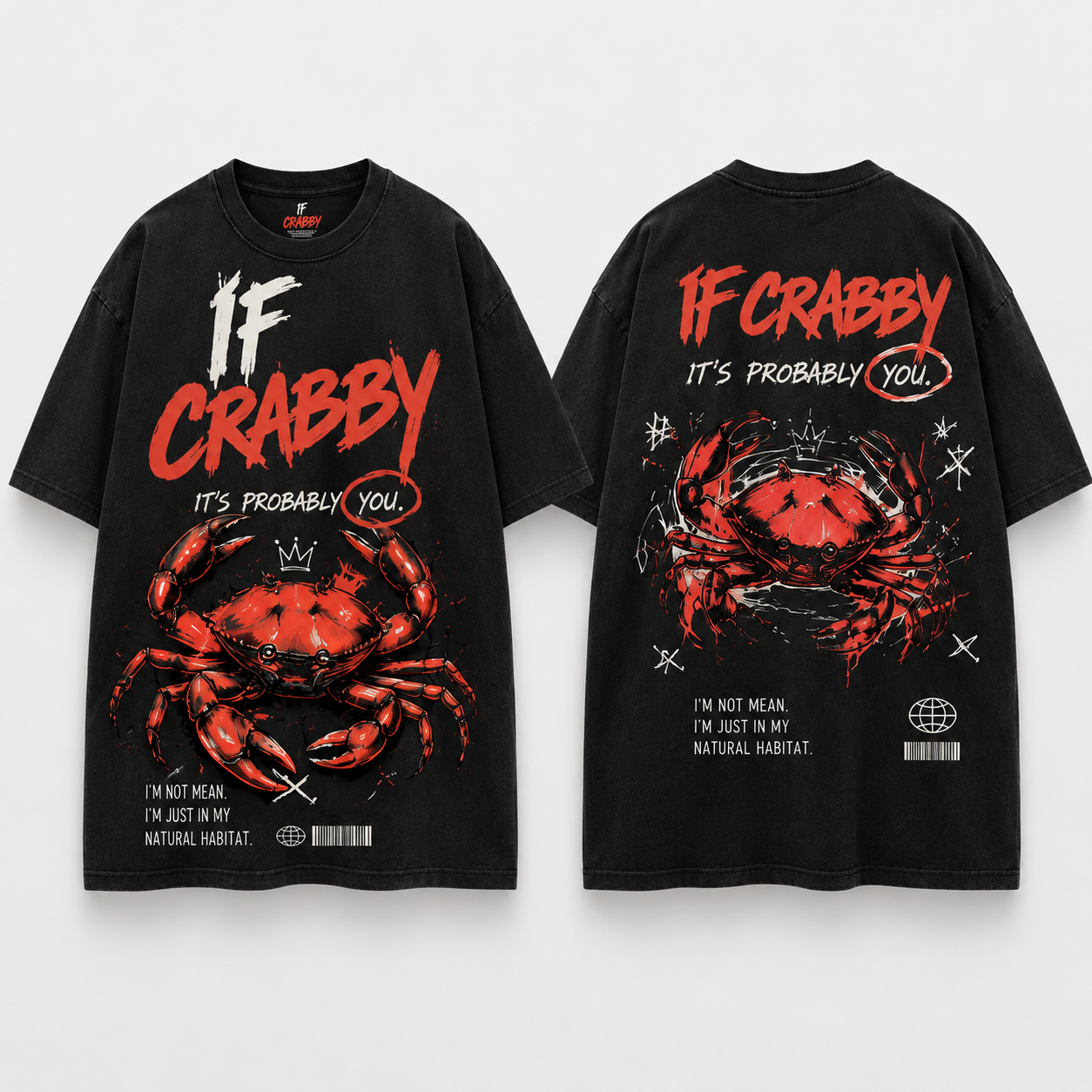(M1T)The Crabby Attitude Vintage Wash Tee - Edgy Crab Double-Sided Graphic