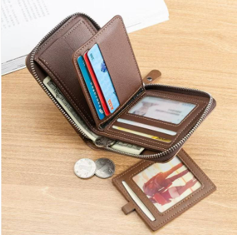 Men’s Zipper Leather Wallet, Bifold Wallet with Removable ID Holder, Multi Card Slot Everyday Wallet