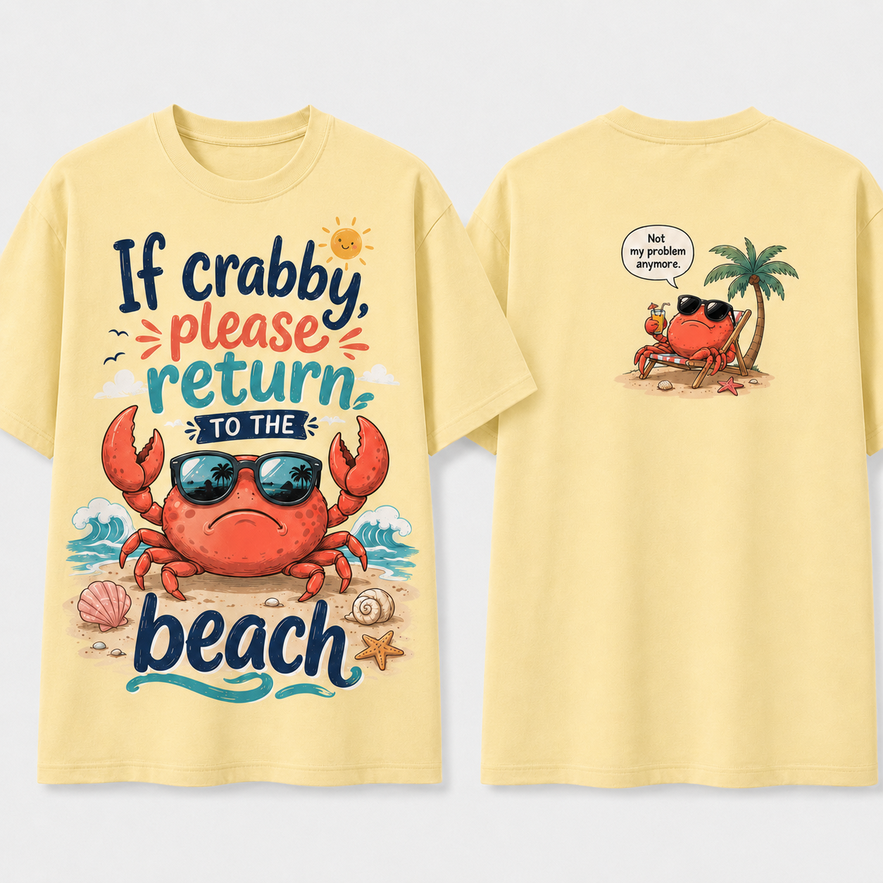 (M7T) Funny "Crabby" Beach T-Shirt - Double Sided Summer Graphic Tee - Cute Vacation Outfit