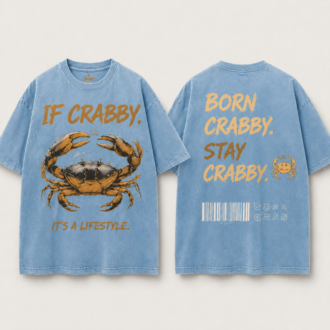 (M6T) Born Crabby Stay Crabby Vintage Tee - Edgy Streetwear T-Shirt - Double-Sided Acid Wash Graphic
