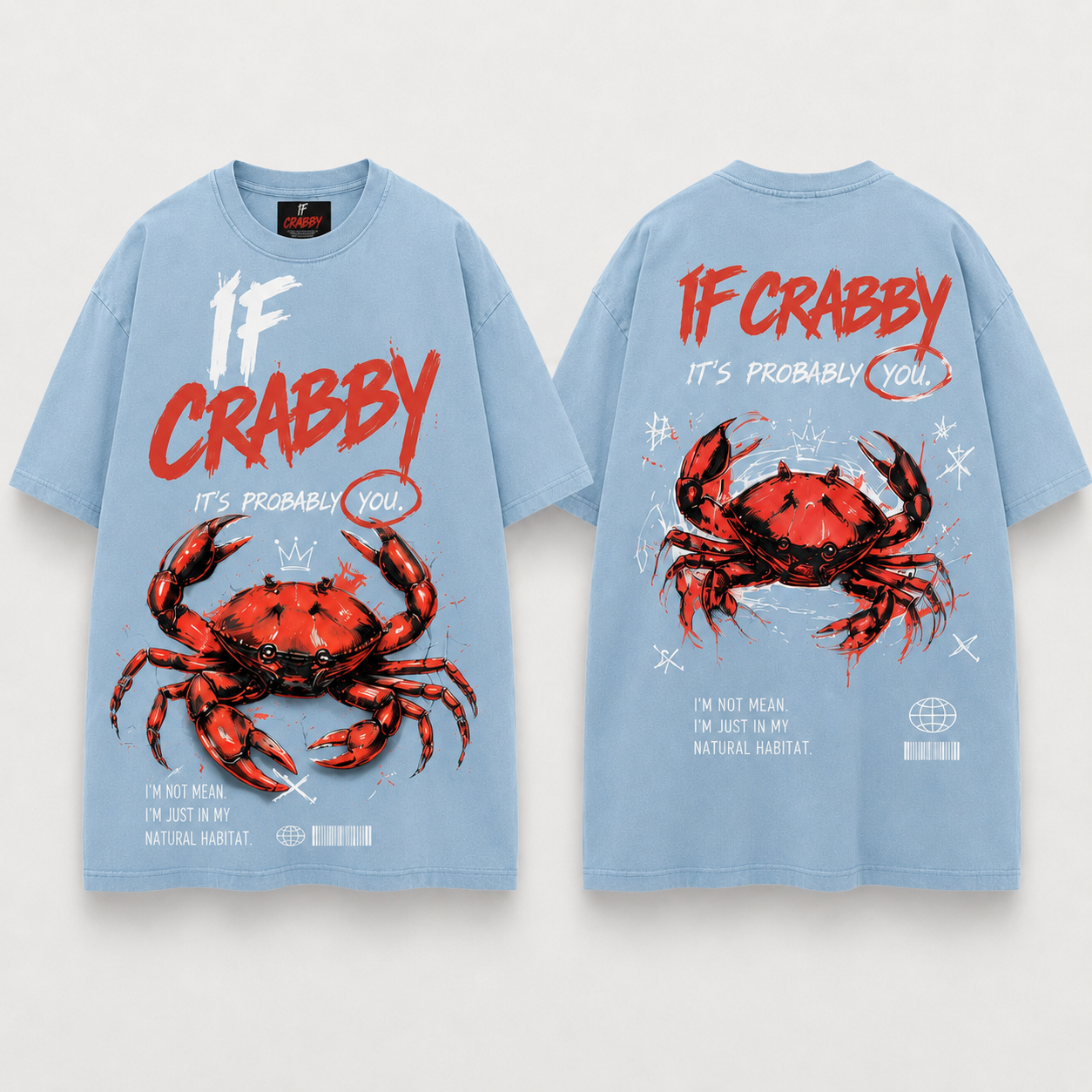 (M1T)The Crabby Attitude Vintage Wash Tee - Edgy Crab Double-Sided Graphic