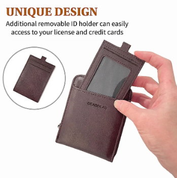 Men’s Zipper Leather Wallet, Bifold Wallet with Removable ID Holder, Multi Card Slot Everyday Wallet