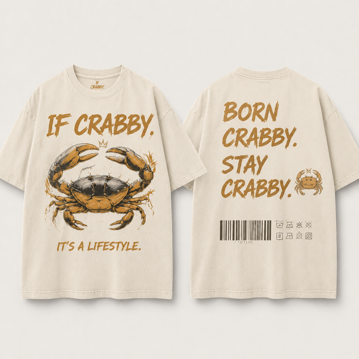 (M6T) Born Crabby Stay Crabby Vintage Tee - Edgy Streetwear T-Shirt - Double-Sided Acid Wash Graphic