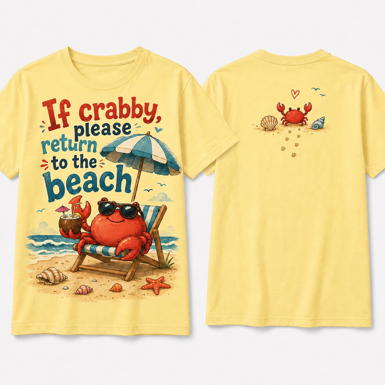(M8T) Wholesome Beach Crab T-Shirt - Cute Double-Sided Summer Graphic - "Return To Beach" Tee