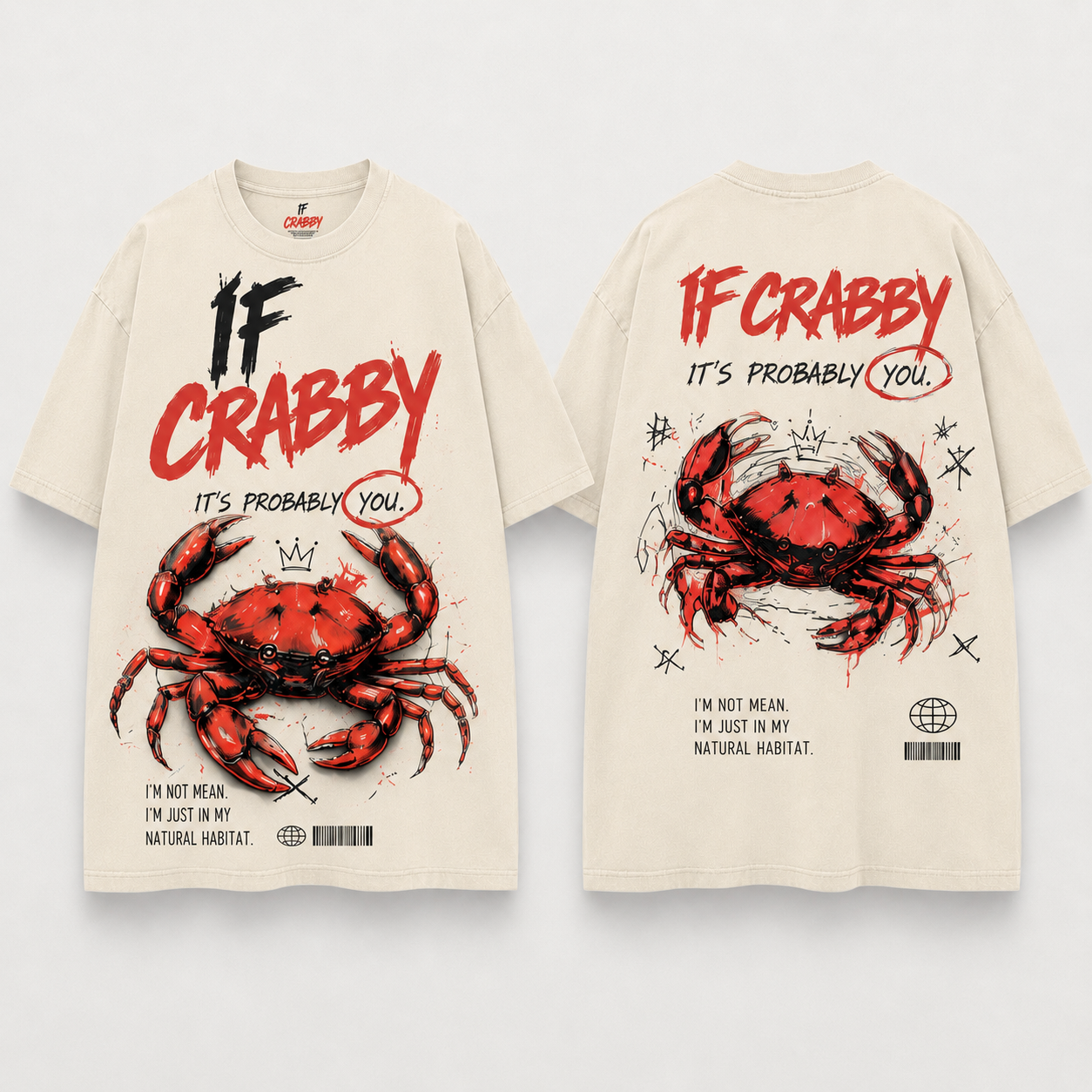 (M1T)The Crabby Attitude Vintage Wash Tee - Edgy Crab Double-Sided Graphic