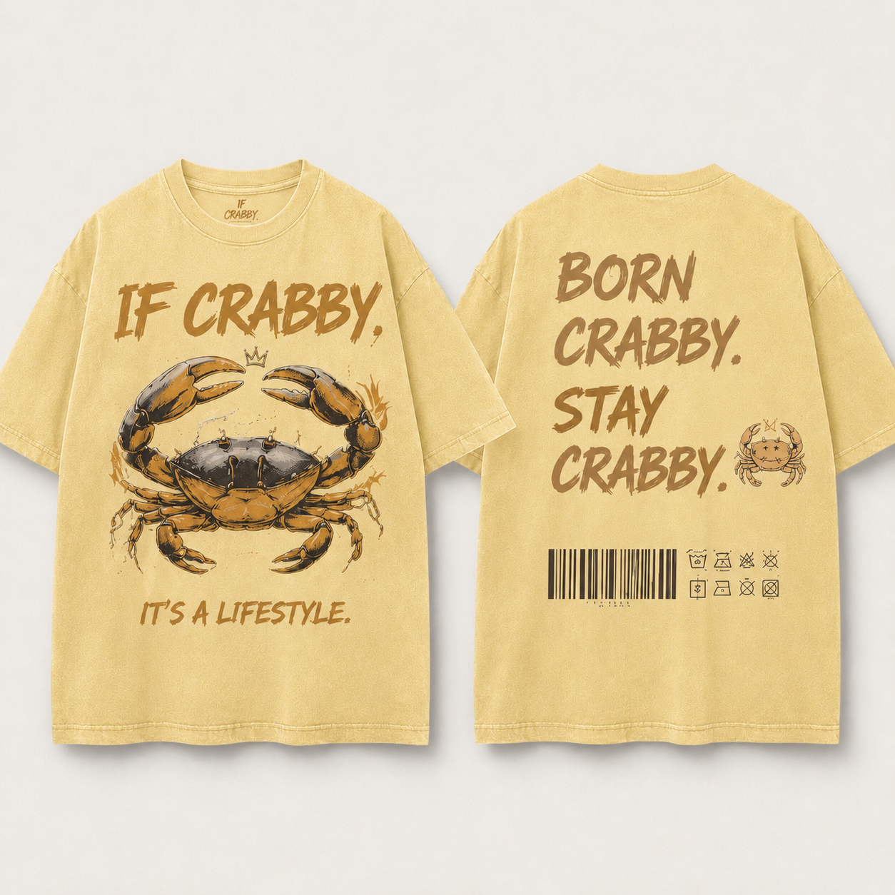 (M6T) Born Crabby Stay Crabby Vintage Tee - Edgy Streetwear T-Shirt - Double-Sided Acid Wash Graphic