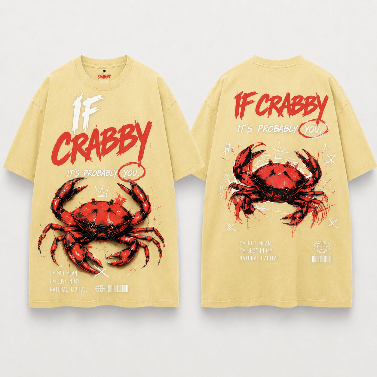 (M1T)The Crabby Attitude Vintage Wash Tee - Edgy Crab Double-Sided Graphic