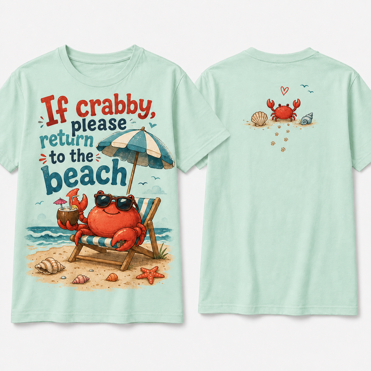 (M8T) Wholesome Beach Crab T-Shirt - Cute Double-Sided Summer Graphic - "Return To Beach" Tee