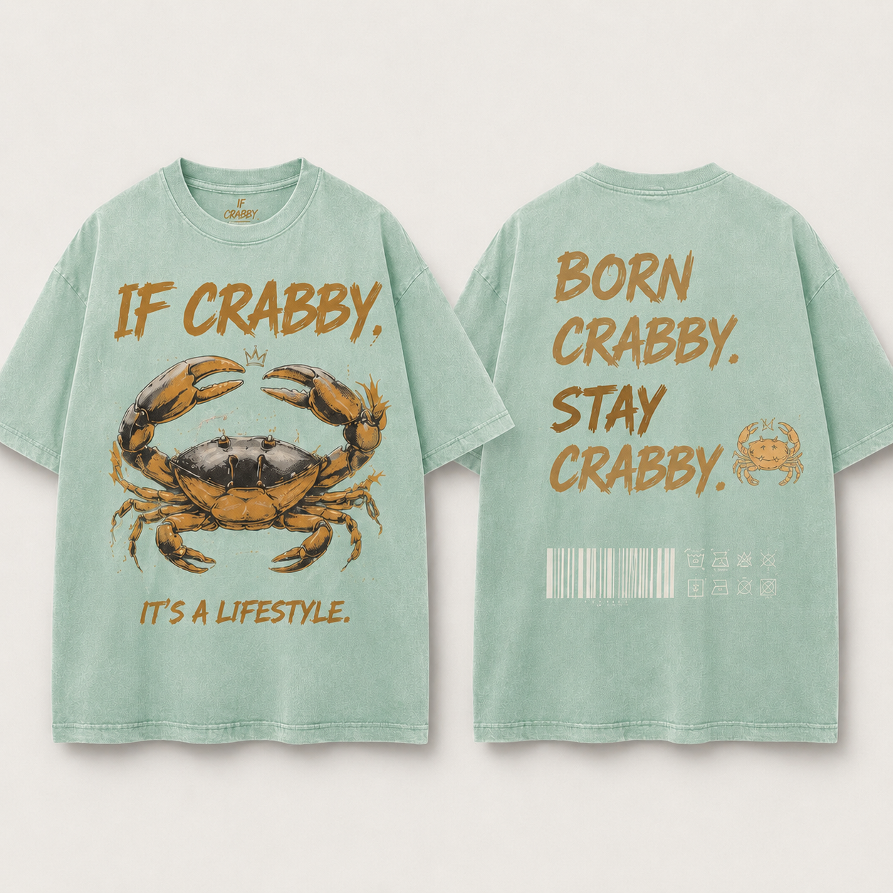 (M6T) Born Crabby Stay Crabby Vintage Tee - Edgy Streetwear T-Shirt - Double-Sided Acid Wash Graphic