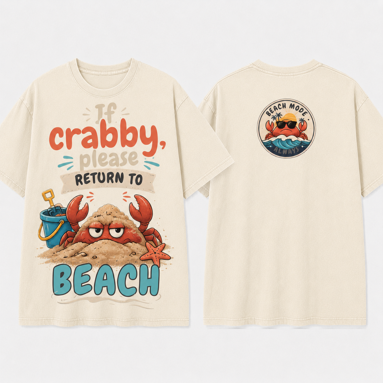 (M10T)If Crabby Please Return To The Beach T-Shirt - Vintage Acid Wash Graphic Tee - Funny Summer Vacation Shirt - Double Sided Print Unisex Top