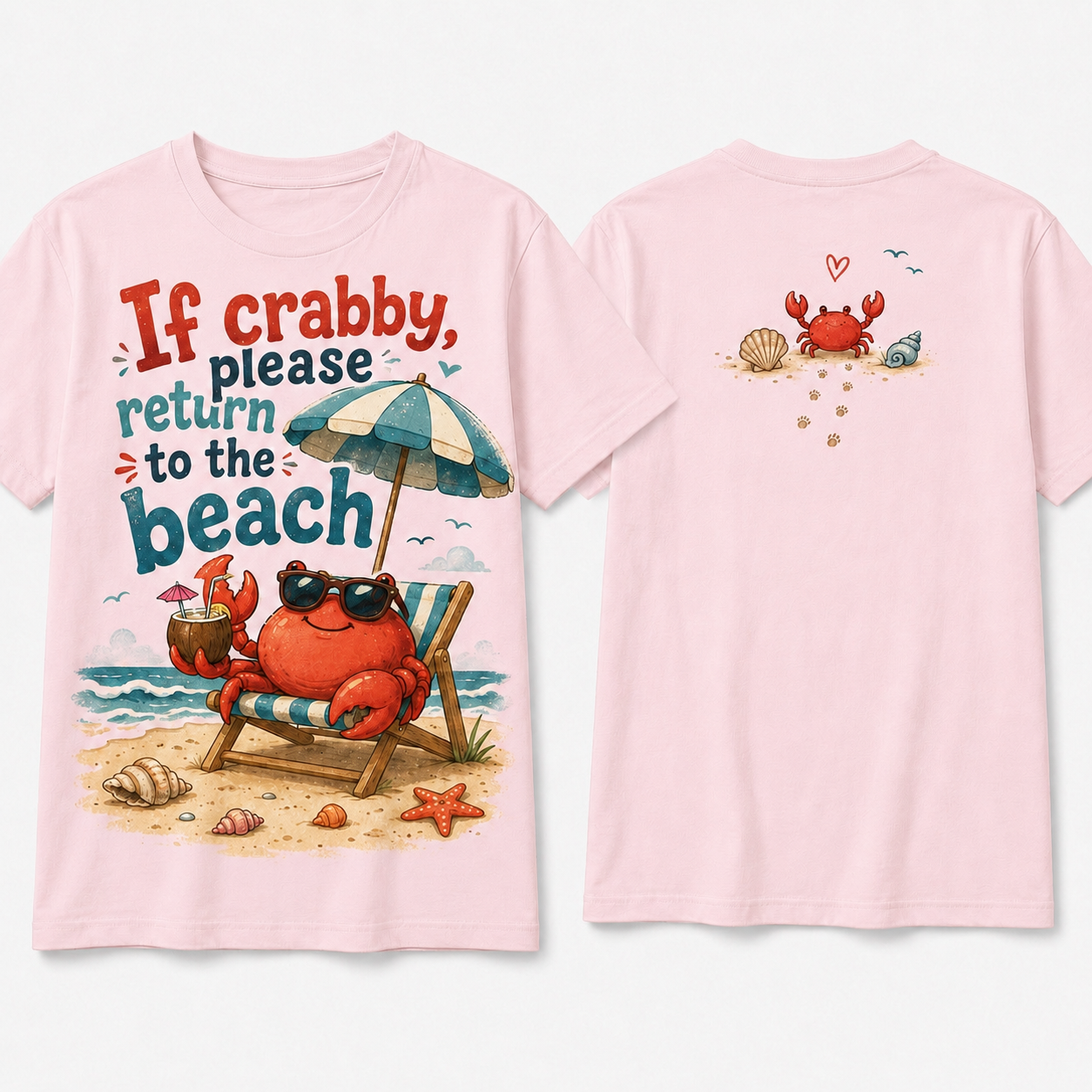 (M8T) Wholesome Beach Crab T-Shirt - Cute Double-Sided Summer Graphic - "Return To Beach" Tee