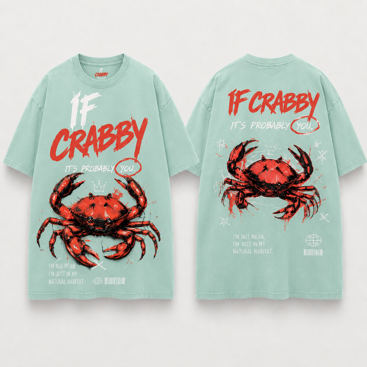 (M1T)The Crabby Attitude Vintage Wash Tee - Edgy Crab Double-Sided Graphic