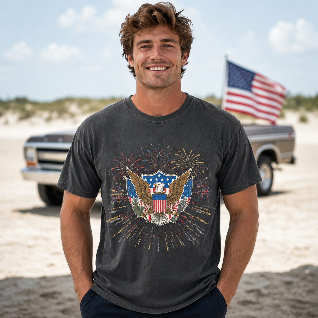 Vintage Patriotic Eagle Graphic T-Shirt, USA Flag Fireworks Tee, Unisex Americana Summer Shirt