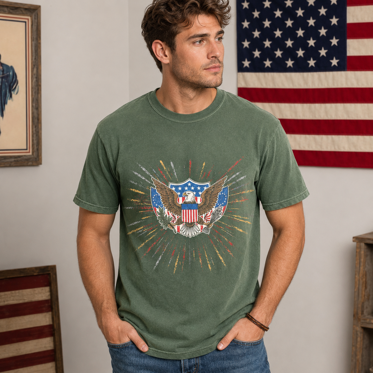 Vintage Patriotic Eagle Graphic T-Shirt, USA Flag Fireworks Tee, Unisex Americana Summer Shirt
