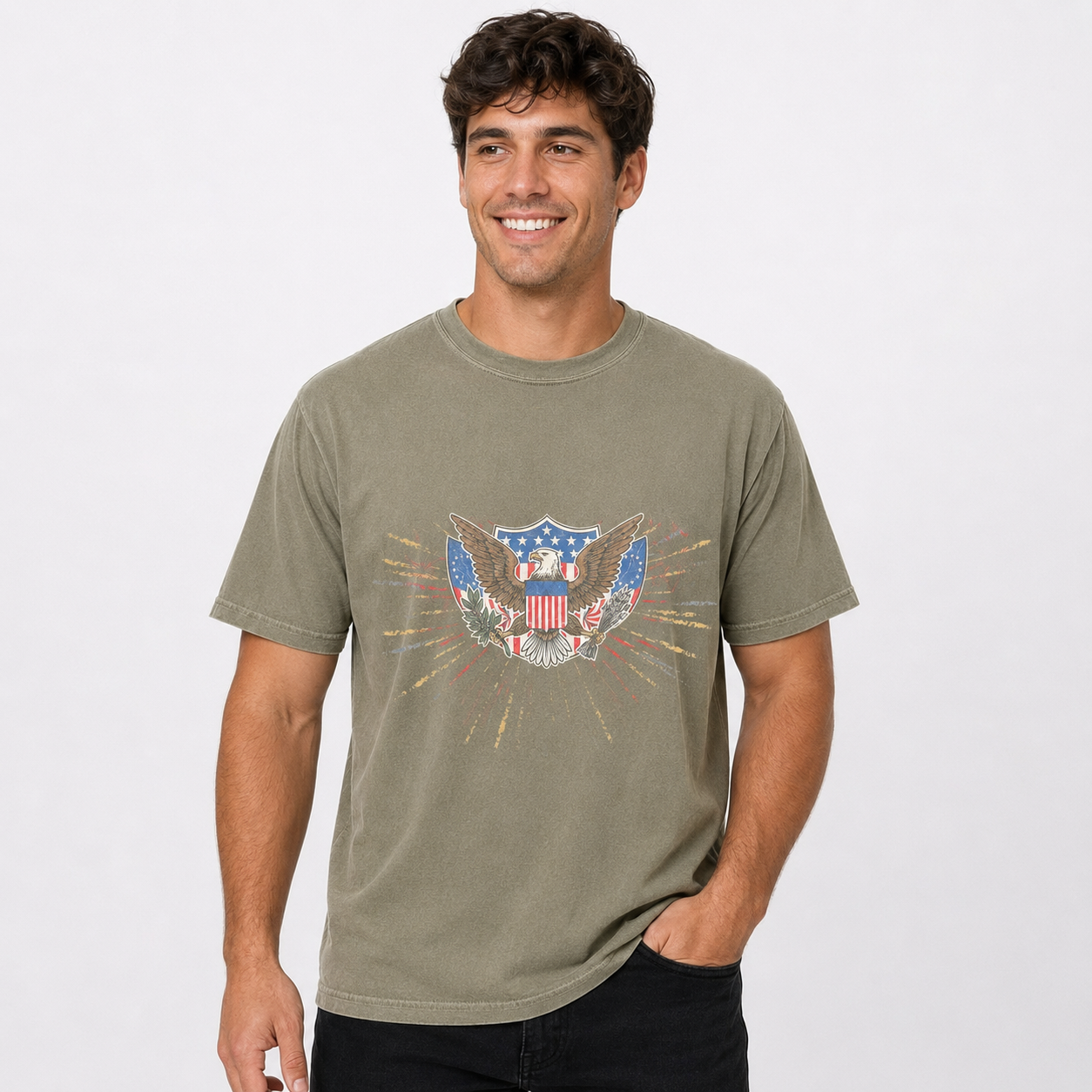 Vintage Patriotic Eagle Graphic T-Shirt, USA Flag Fireworks Tee, Unisex Americana Summer Shirt