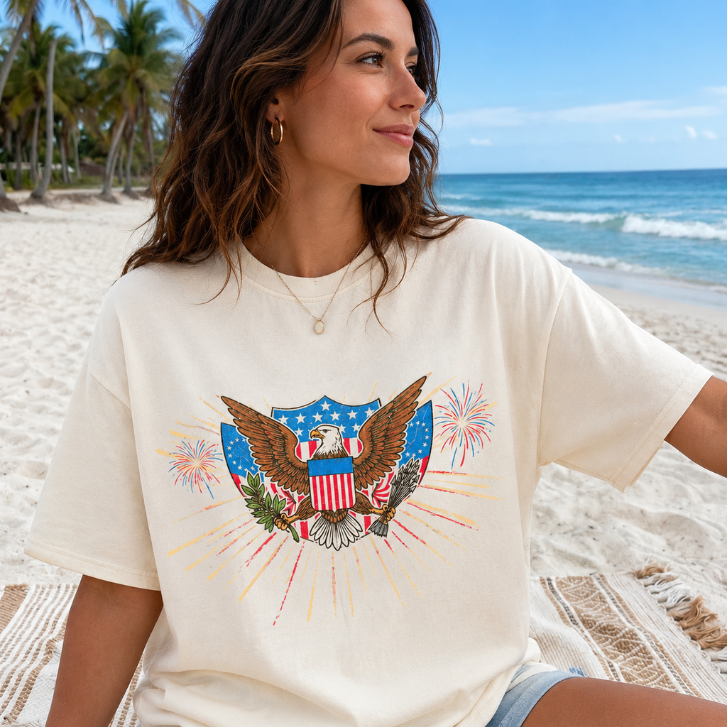 Vintage Patriotic Eagle Graphic T-Shirt, USA Flag Fireworks Tee, Unisex Americana Summer Shirt