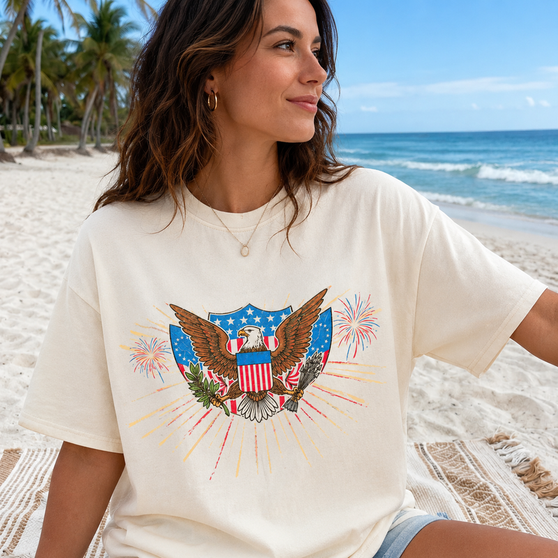 Vintage Patriotic Eagle Graphic T-Shirt, USA Flag Fireworks Tee, Unisex Americana Summer Shirt