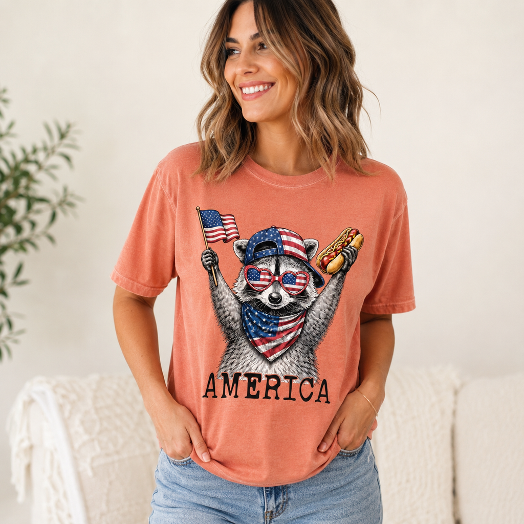 Patriotic Raccoon America Graphic T-Shirt, Funny USA Flag Hot Dog Tee, Unisex Summer Shirt
