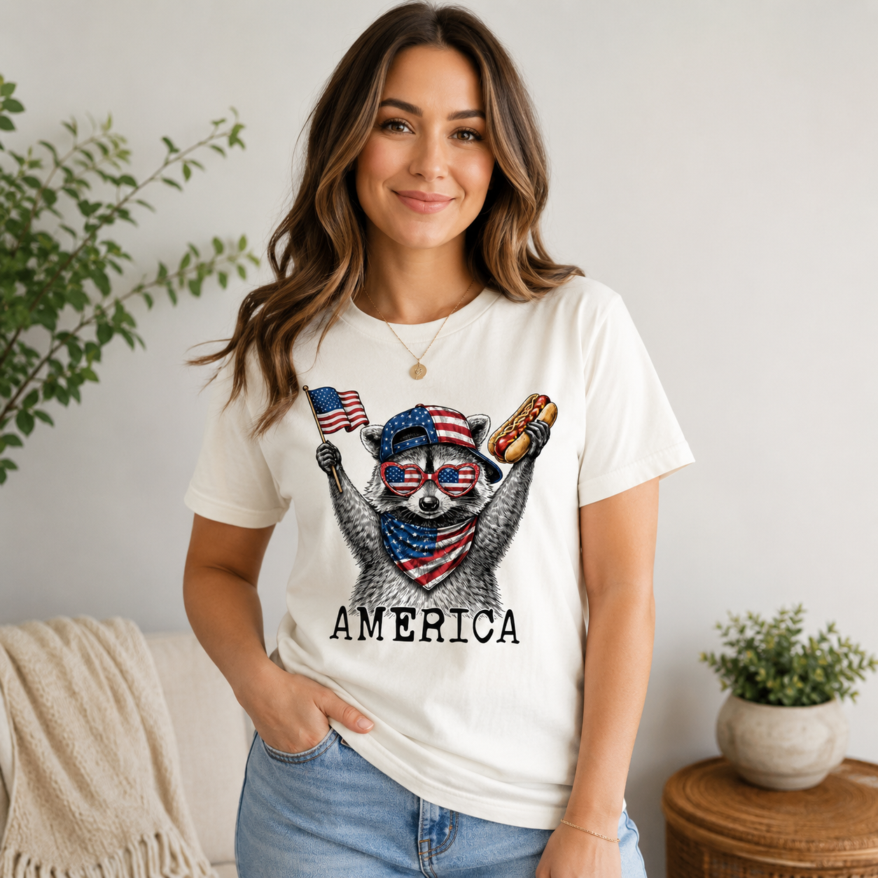 Patriotic Raccoon America Graphic T-Shirt, Funny USA Flag Hot Dog Tee, Unisex Summer Shirt