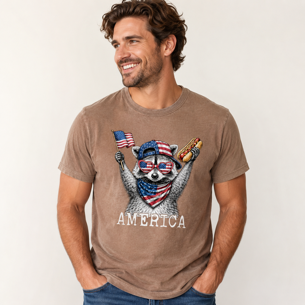 Patriotic Raccoon America Graphic T-Shirt, Funny USA Flag Hot Dog Tee, Unisex Summer Shirt