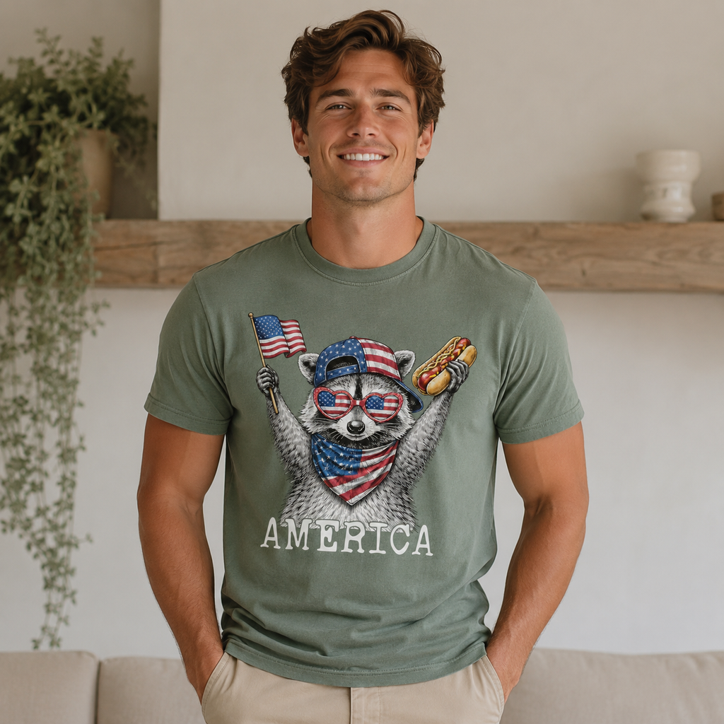 Patriotic Raccoon America Graphic T-Shirt, Funny USA Flag Hot Dog Tee, Unisex Summer Shirt