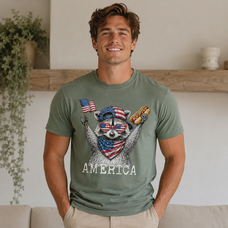 Patriotic Raccoon America Graphic T-Shirt, Funny USA Flag Hot Dog Tee, Unisex Summer Shirt