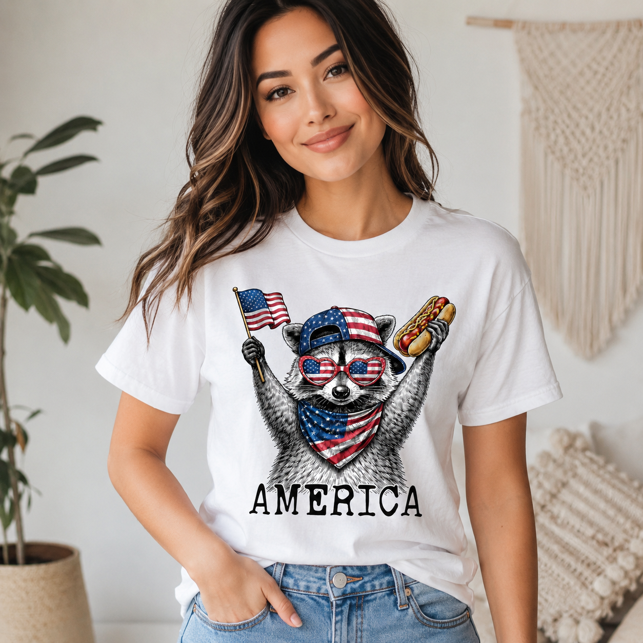 Patriotic Raccoon America Graphic T-Shirt, Funny USA Flag Hot Dog Tee, Unisex Summer Shirt