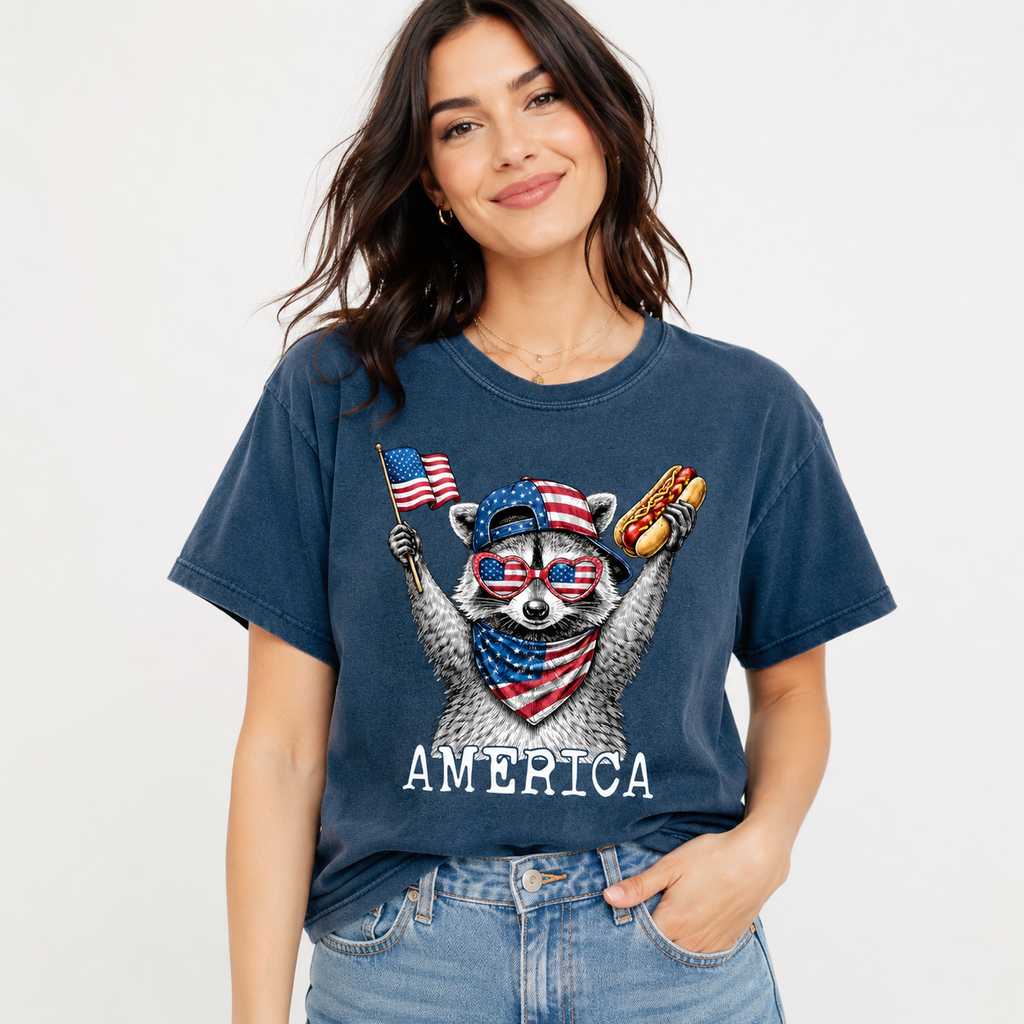 Patriotic Raccoon America Graphic T-Shirt, Funny USA Flag Hot Dog Tee, Unisex Summer Shirt