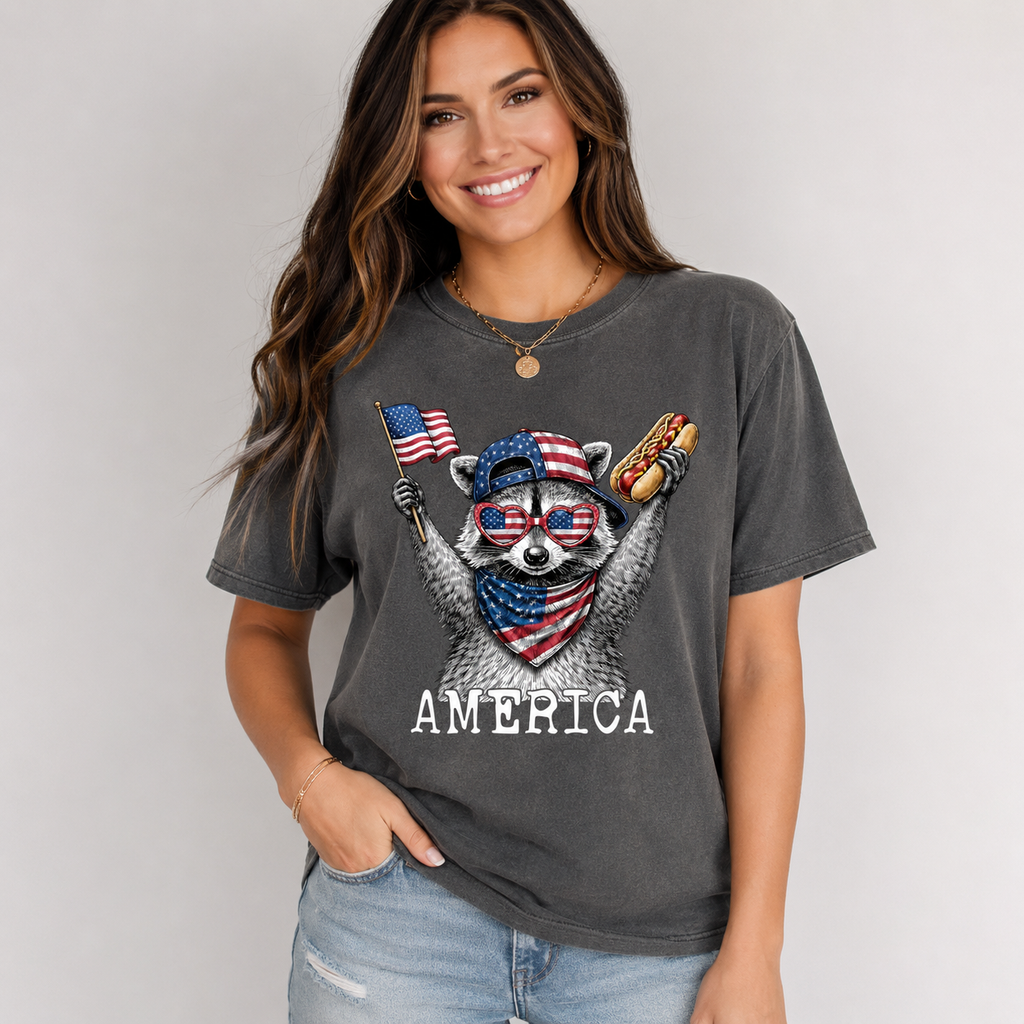 Patriotic Raccoon America Graphic T-Shirt, Funny USA Flag Hot Dog Tee, Unisex Summer Shirt