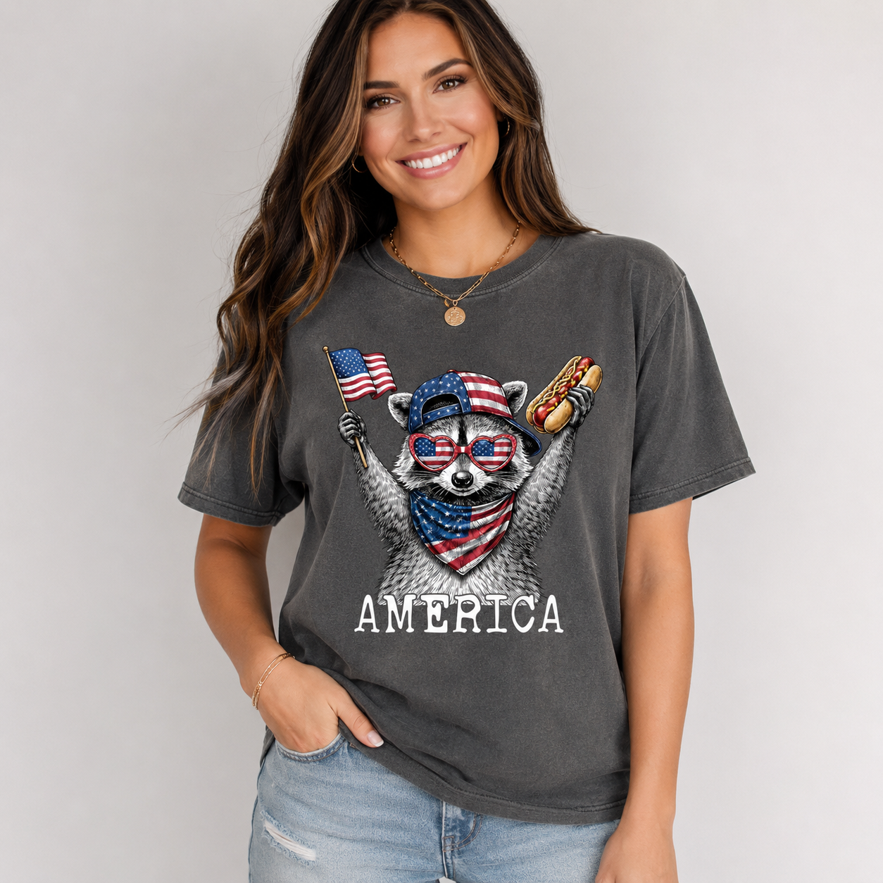 Patriotic Raccoon America Graphic T-Shirt, Funny USA Flag Hot Dog Tee, Unisex Summer Shirt